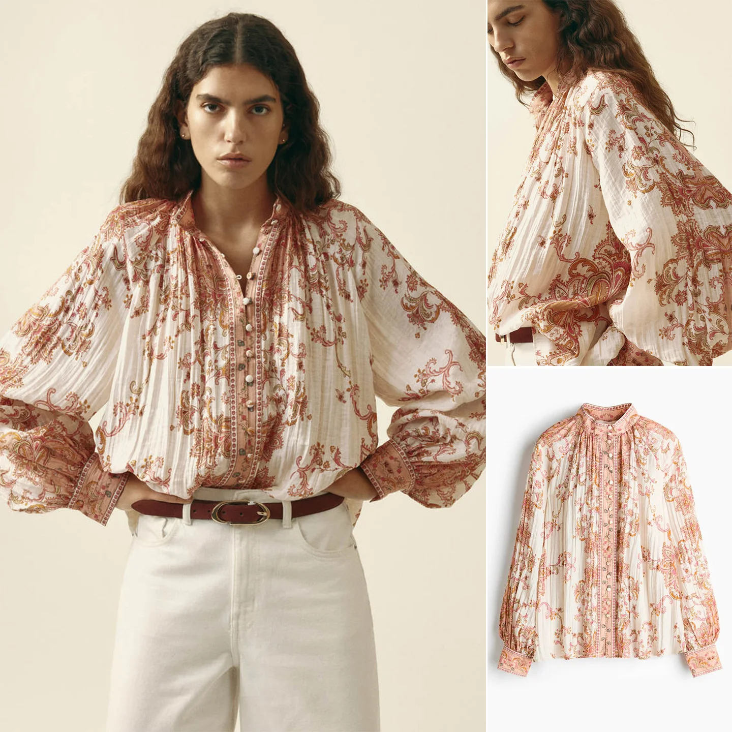 

Spring New Women's Straight Leg Lantern Sve Long Sve Pleated Top Stand Collar Insert oulder irt Neutral Sle Polye...