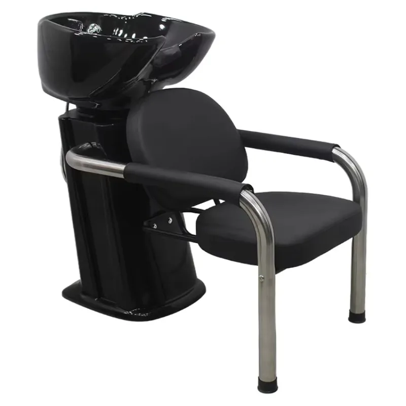 

Modern Barber Shop Semi-Recumbent Adjustable Height Shampoo Chair Ceramic Basin Leather Material Metal Armrest for Hair Salon