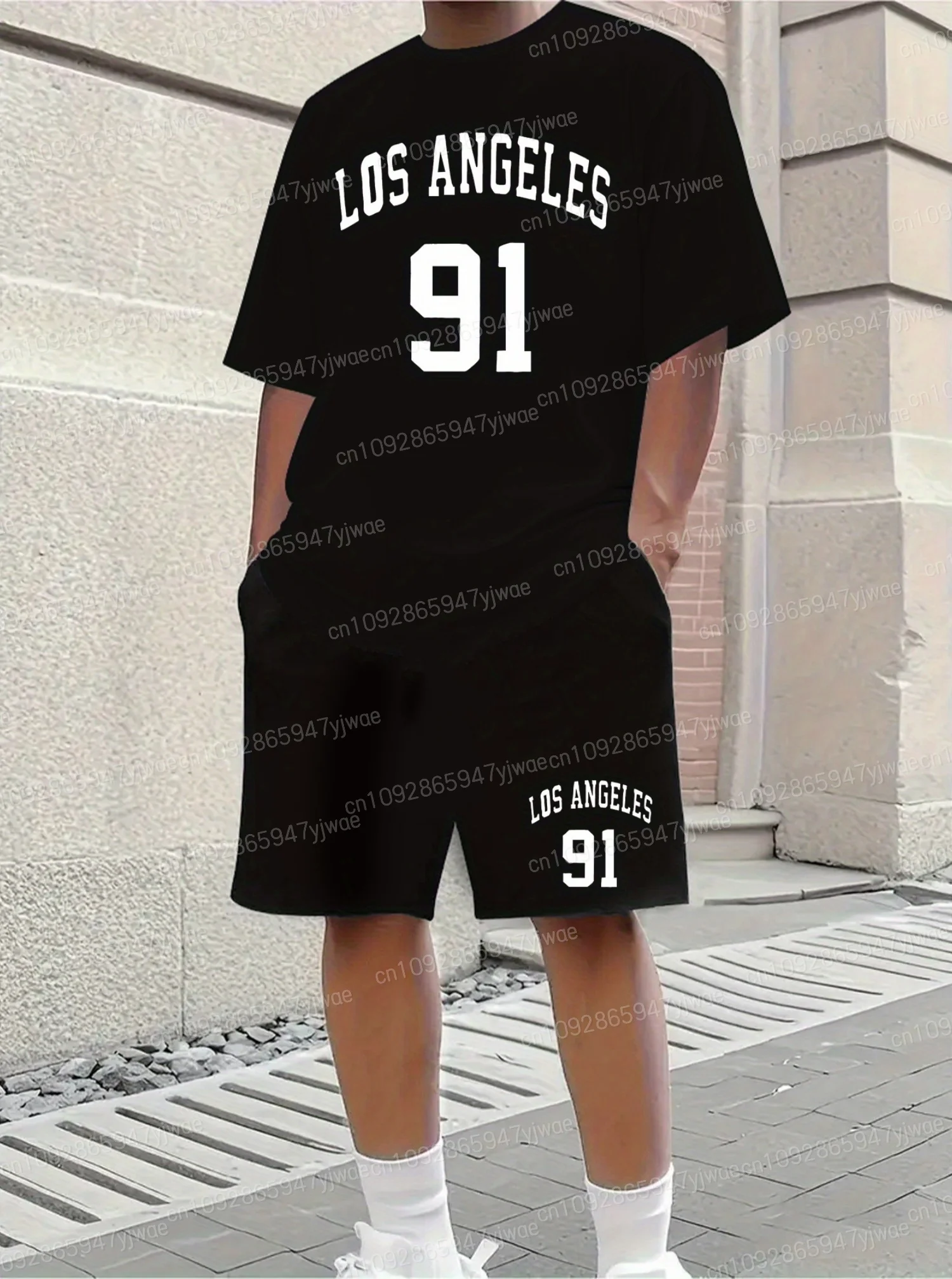 

Summer 91 Los Angeles Print Tracksuit 2 Piece Set Men T-Shirt Shorts Set Sports Short Tracksuit Outfit Male Clothing