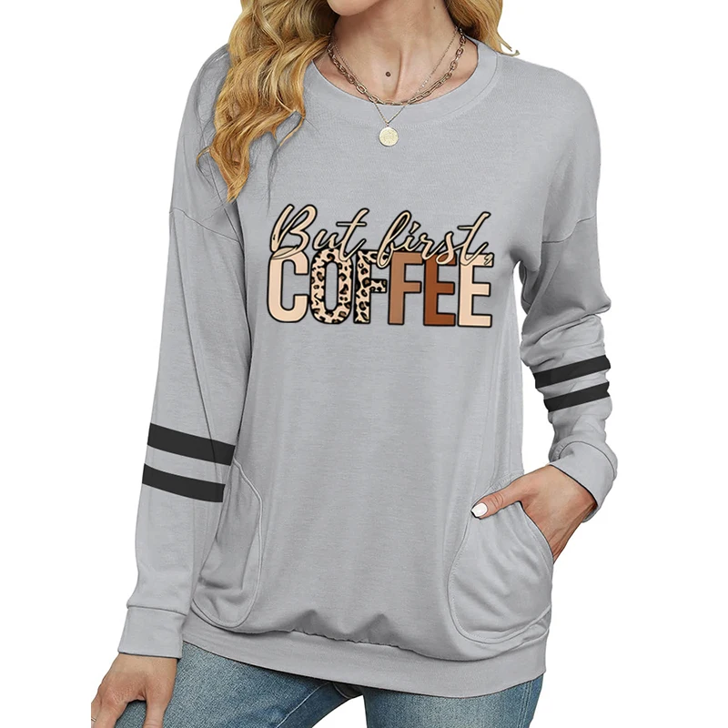 

But First Coffee Футболка с леопардовым принтом для женщин Подарок для любителей кофе Футболка с длинным рукавом Мягкая футболка с леопардовым принтом кофе