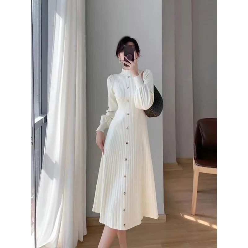 

Skirt Half High Collar Interwoven Medium Length Knitted Long Sleeve Dress