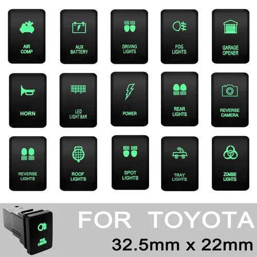 1 interruptor de empuje iluminado Led verde Dual 3A 12V para Toyota Landcruiser RVA4 Hilux Tundra 4Runner