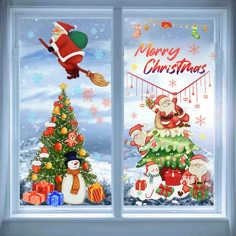 Große Weihnachts fenster Aufkleber Weihnachts mann Weihnachts baum Cartoon Glas Aufkleber Frohe Weihnachten Neujahr Dekoration für zu Hause