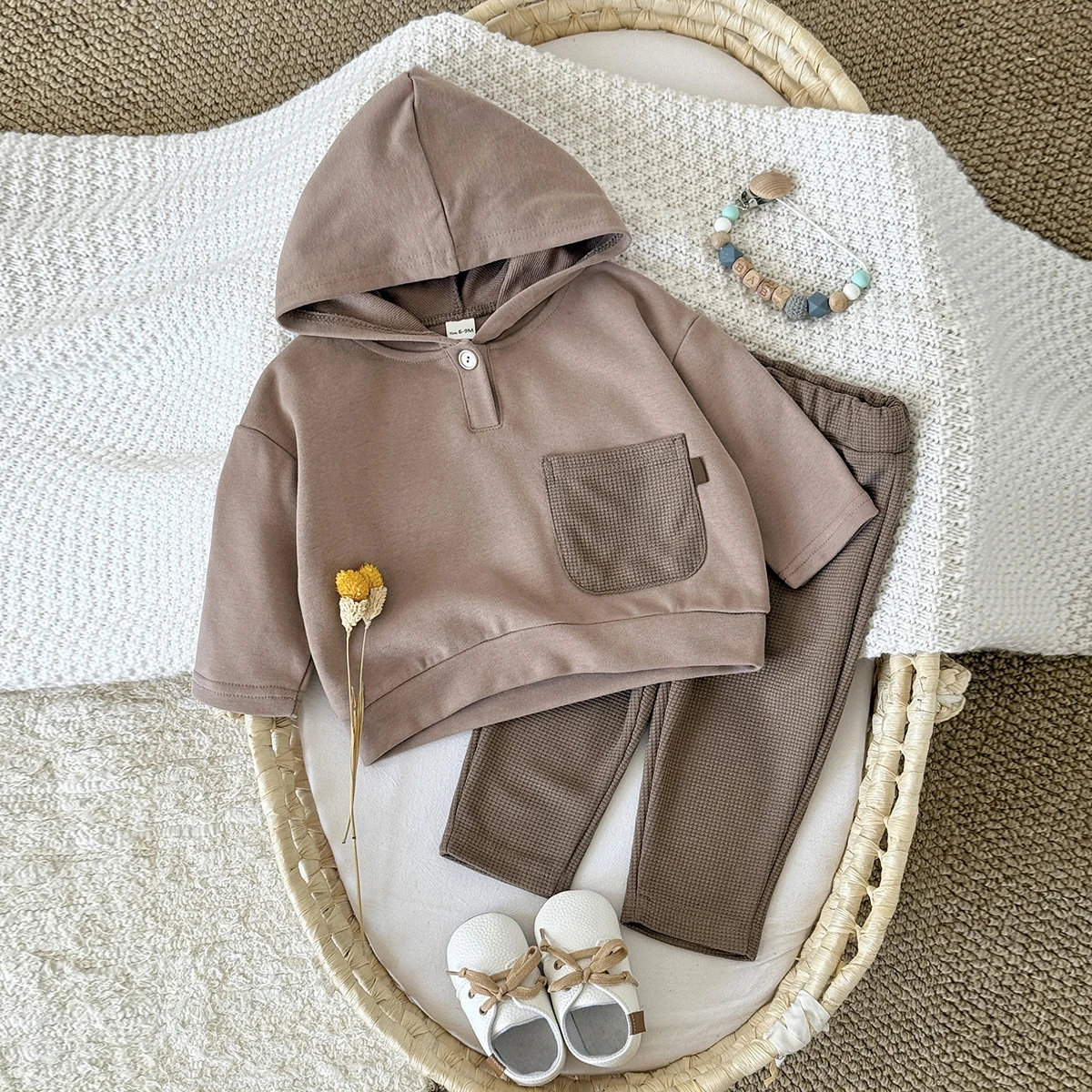 

2 шт./компл., весенне-осенняя новая коричневая детская толстовка с капюшоном, топ + штаны, одежда для младенцев, костюм, детский свитшот, детская одежда, товары для новорожденных