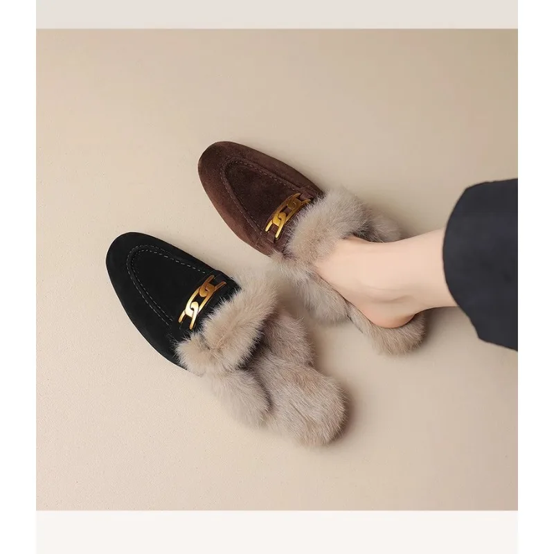 

Winter Women Suede Warm Fur Slippers Brand Luxury Mules Flats Shoes New Short Plush Flip Flops Designer Cotton Shoes Mujer