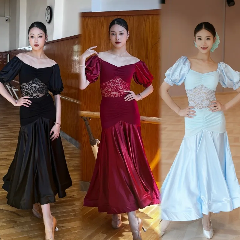 Spersonalizowany strój do tańca nowoczesnego, strój treningowy, kostium sceniczny, czarno-czerwono-niebieski, koronkowy top z bufiastymi rękawami, spódnica z fiszbinami.