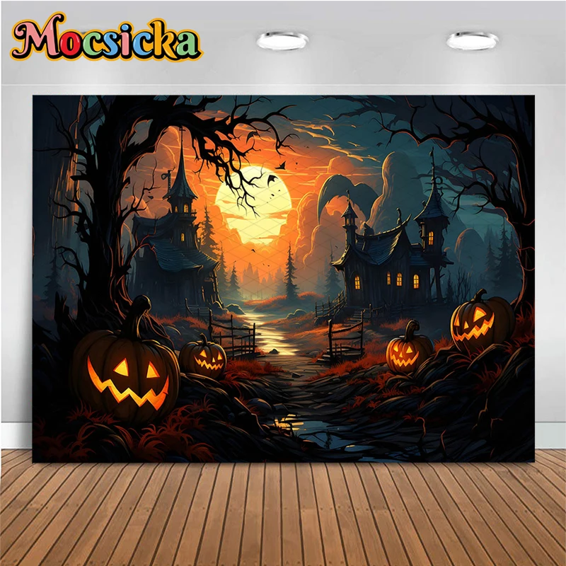 

Mocsicka Halloween Pumpkin Background Photography Autumn Night Moon Ghost House Party Backdrop Decoration Photo Studio Photozone