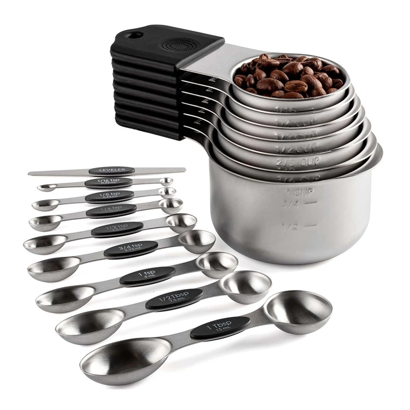 

Hot 16Pc Magnetic Stainless Steel Measuring Cups & Spoons Set, 7 Heavy Duty Cups,8 Double Sided Spoons With Leveler