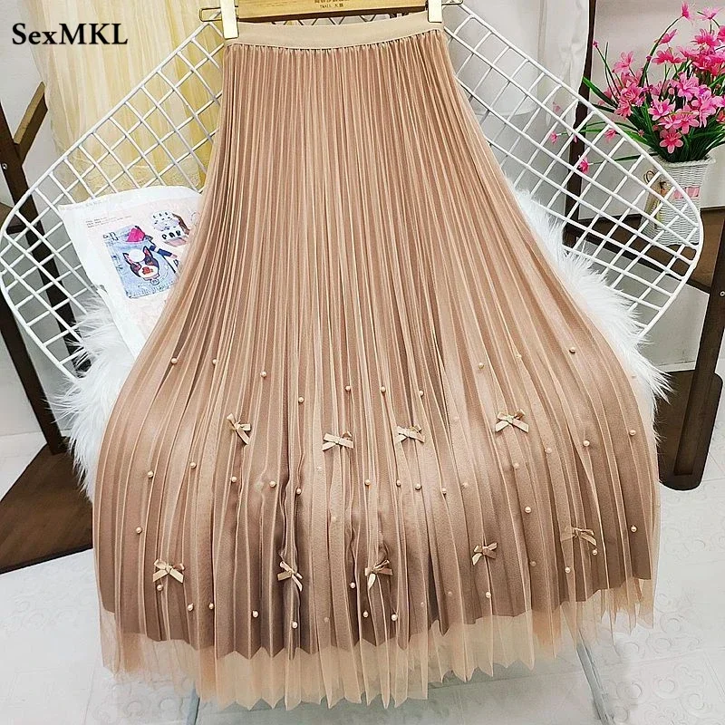 Elegant Bow Tulle Skirts Women 2024 Fashion High Waist Causal Faldas Sexy Mujer Korean Beading Mid Length A Line Pleated Skirt