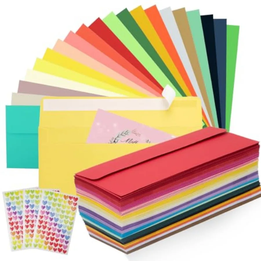 

PCS Colorful Envelopes, #10 Business Mailing Envelopes Self Seal Square Flap for Letter, Invitations, Office, Size 4 1/8 X 9 ½