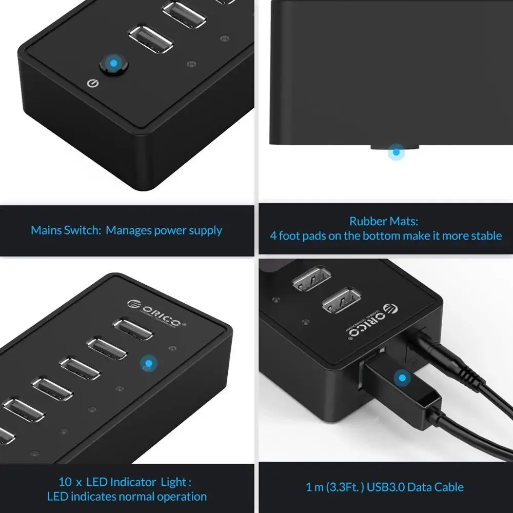 ORICO-HUB USB 2,0 con 10 puertos ABS, adaptador de corriente de 12V, divisor USB de alta velocidad para PC, accesorios de ordenador, Cable de datos