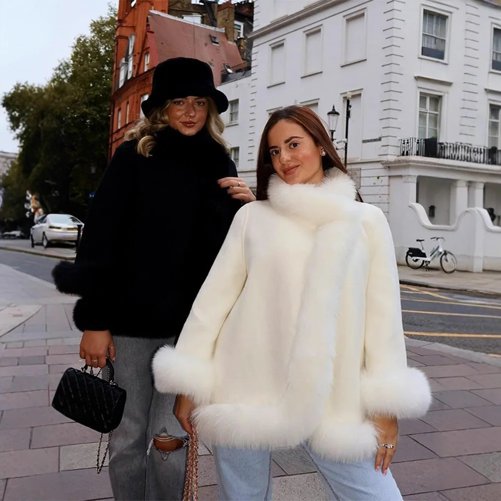 Weiße kurze Kunstpelzjacke, Stehkragen, luxuriöser Plüschmantel, eleganter Mantel, warme, dicke, pelzige Jacke, flauschiger Kunstfuchskragen, solide