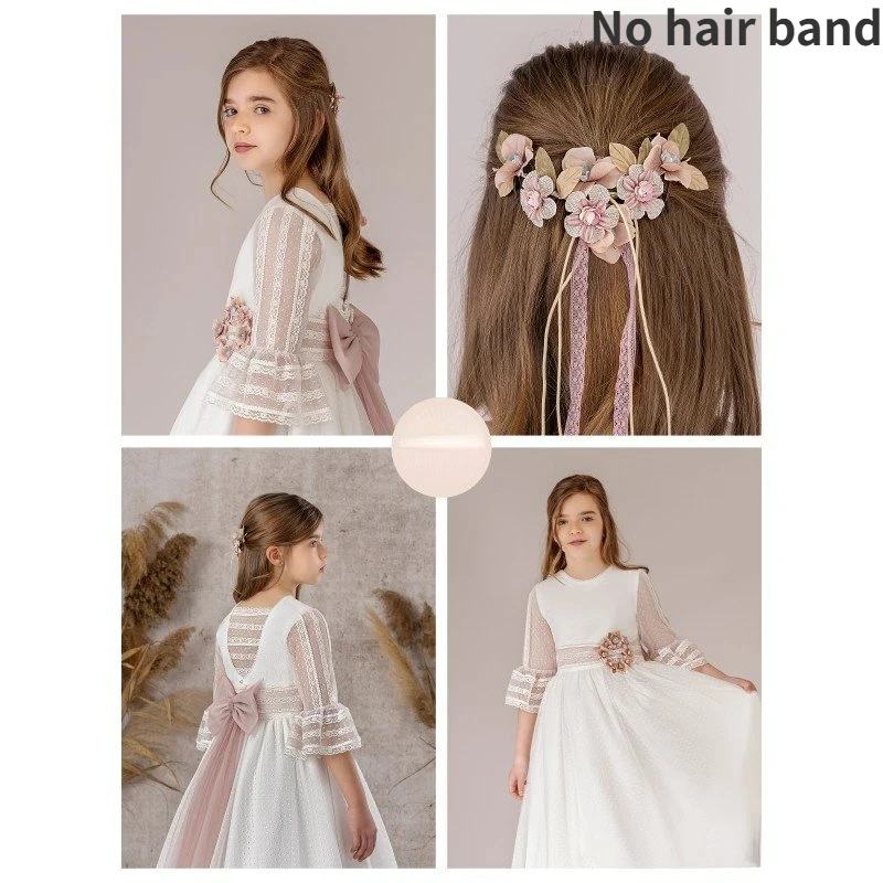 Kind Hochzeit Weiße Spitze Schöne Blumenmädchen Kleid Halbarm Schleife Schärpe Tüll Applikationen Lange Party Kinder Geburtstag Abendkleider