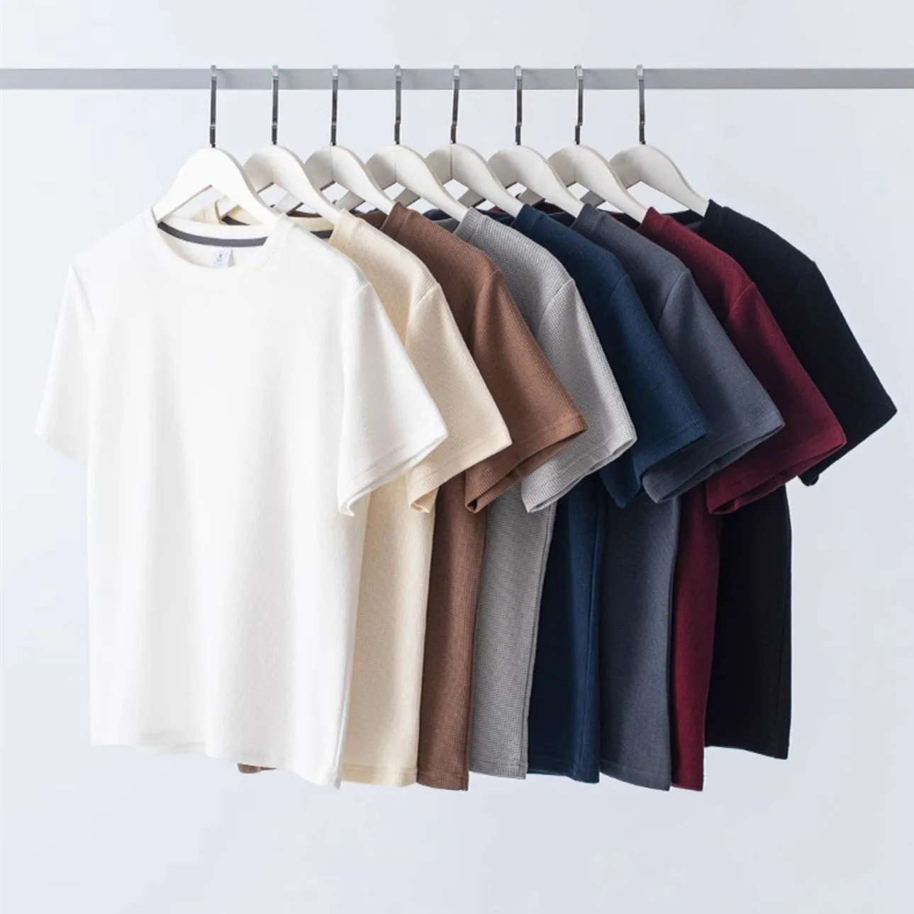 1pcs Men Summer T-Shirt Man Short Sleeved Waffle Solid T-Shirt Male Solid Color Casual Tee Round Men's Round Neck Fashion Top image 6