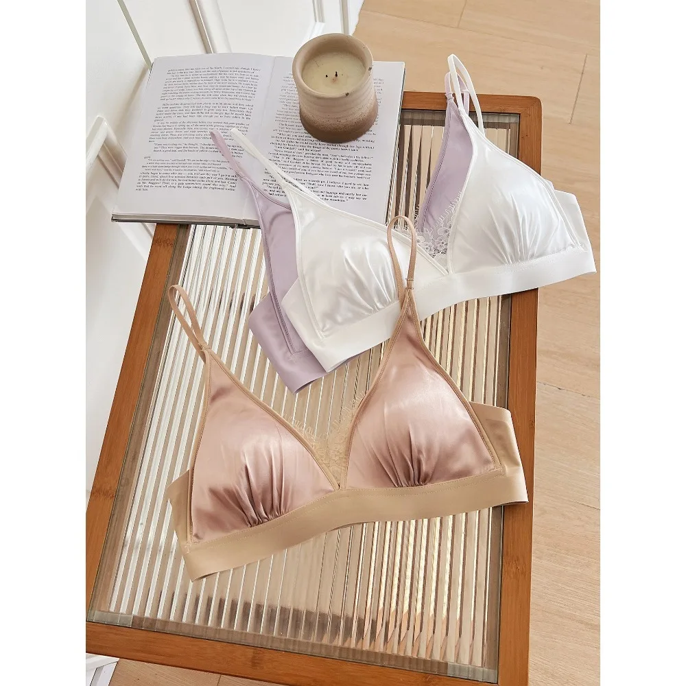 French Satin Triangle Cup Underwear Women's Thin Collection Small Chest Deep V-neck Thin Shoulder Strap Seamless Sexy Back Bra