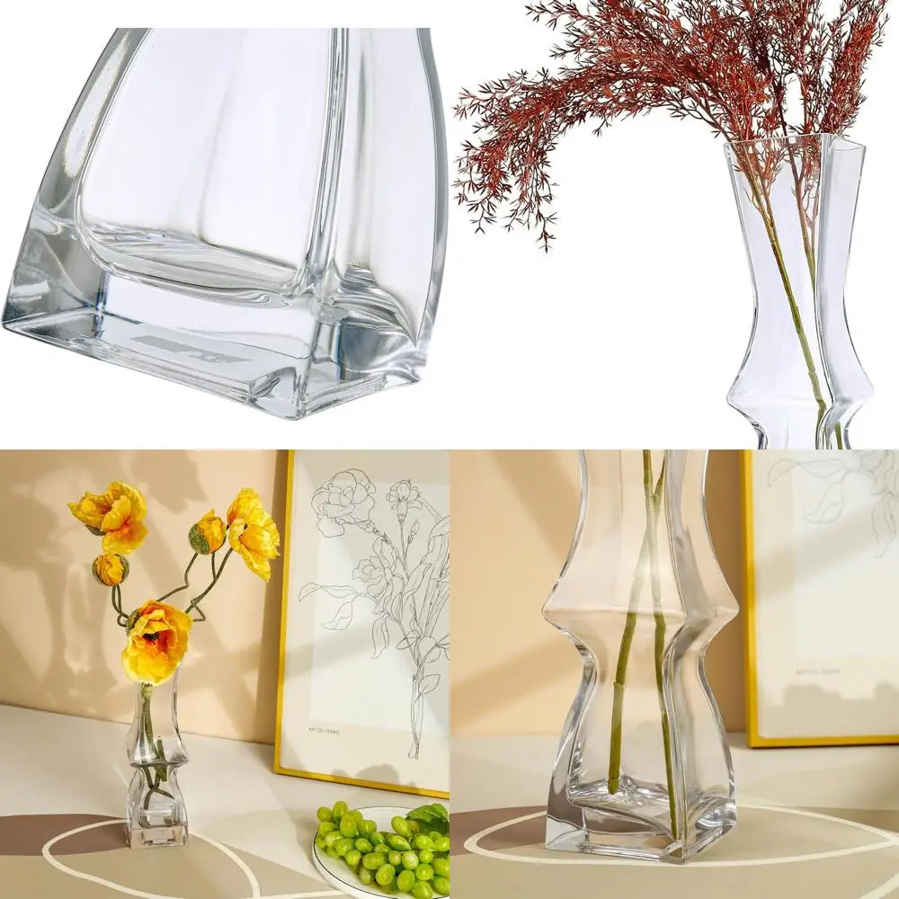 

Hand Blown Glass Square Vase for Home and Office Decor, Tall Clear Flower Centerpiece, Bedroom Living Room Decorative Accent