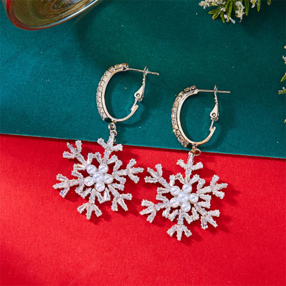 Weihnachten Schneeflocke Baumeln Ohrringe Funkelnden Zirkon Imitation Perle Schnee Blume Tropfen Ohrring Für Frauen Männer Urlaub Schmuck Geschenk