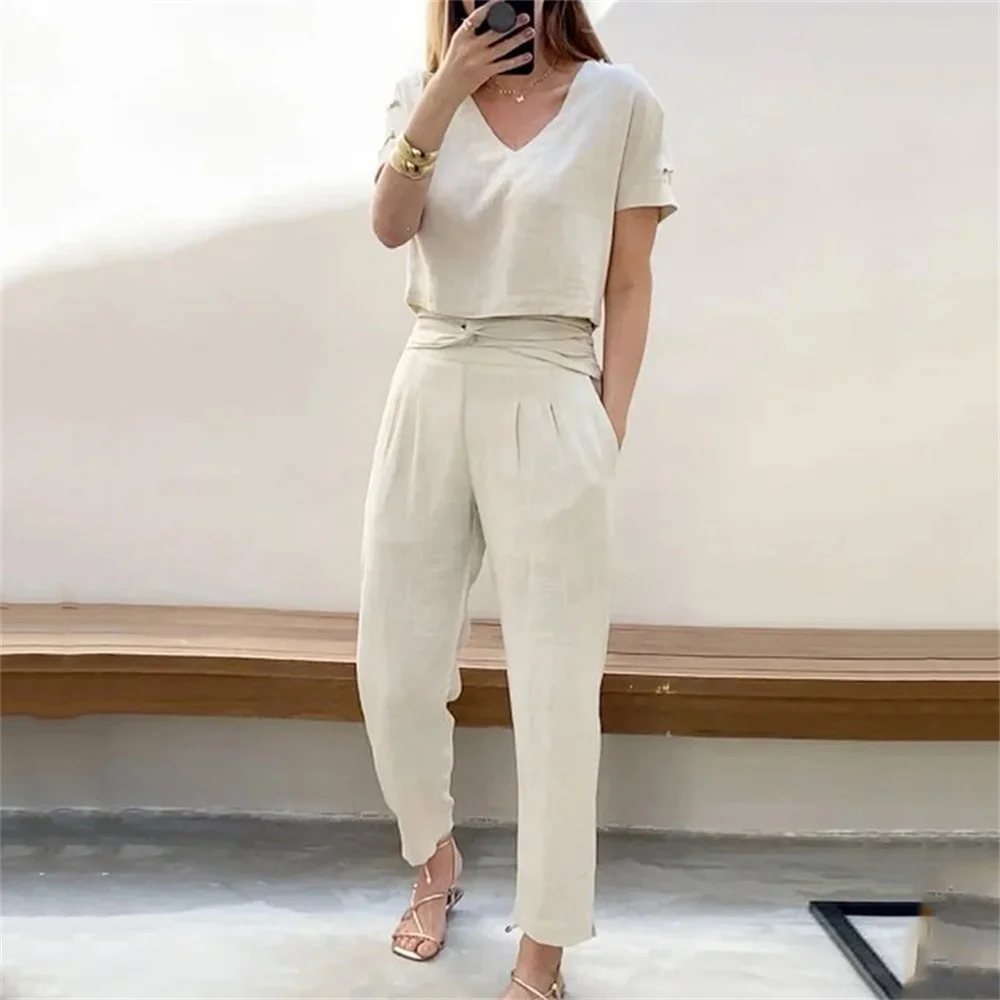 Women Beige Short Sleeve Shirt Long Pencil Pants 2 Piece Set Autumn Casual V-Neck Crop Tops Straight Pants Office Lady Suit