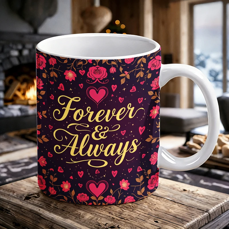 

'Forever & Always' rose floral ceramic cup with handle, creative coffee cup, milk cup,office tea cup,drinking cup,fade-resistant