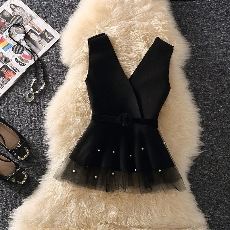 

American retro spicy girl thick vest autumn and winter women's slanted shoulder lotus leaf edge nail bead mesh women's top