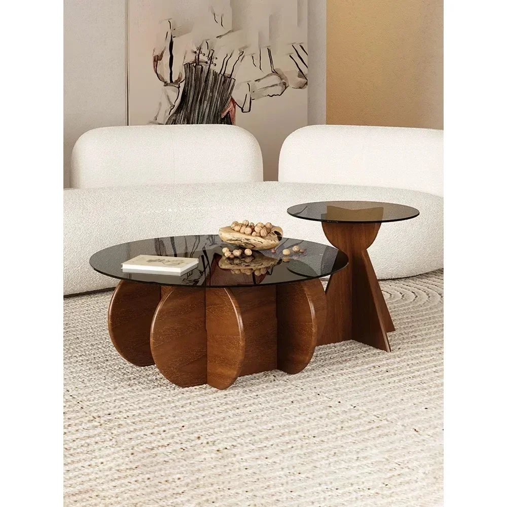 Light Luxury Side Modern Simple Small Coffee Table Tempered Glass Solid Wood Round Tables Cabinet Living Room Sofa Corner Desks