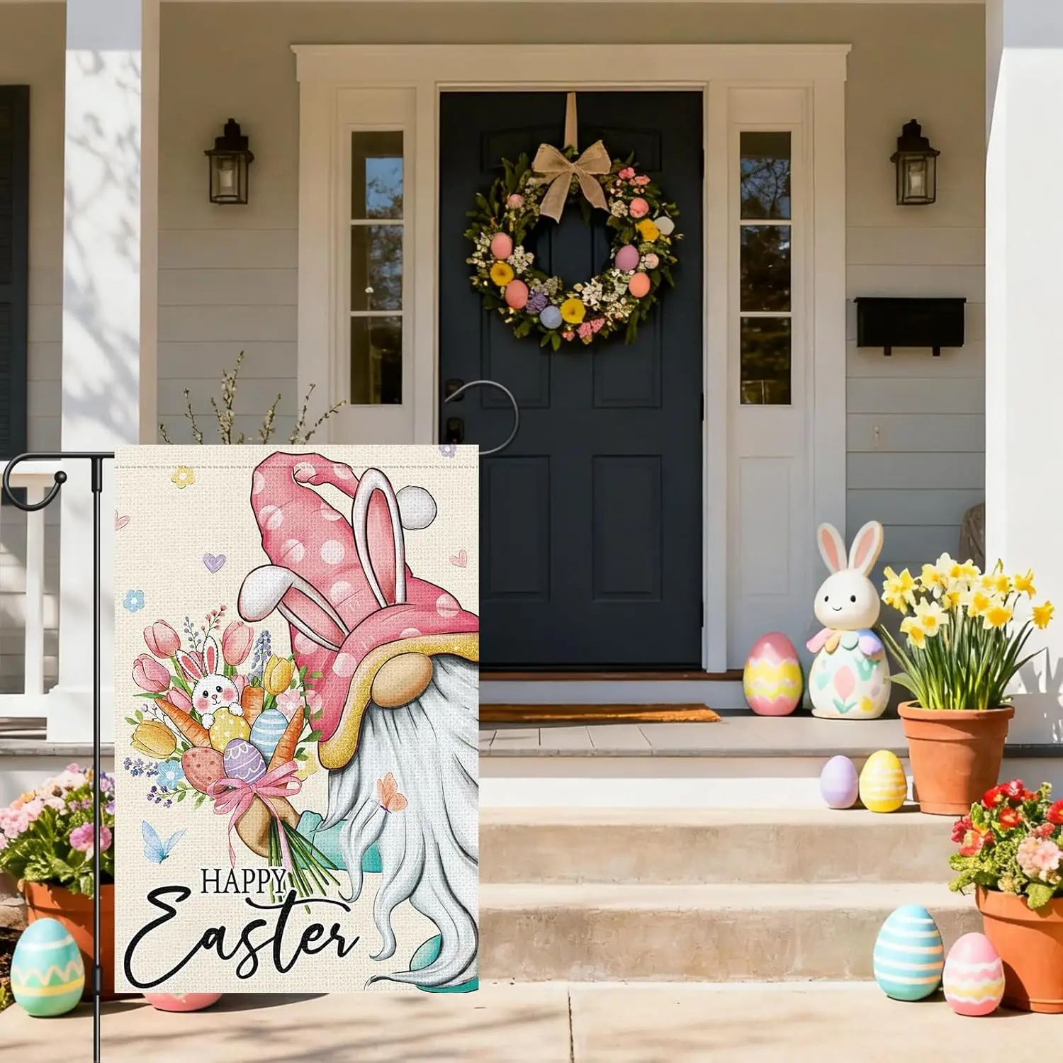 Heyfibro Happy Easter Bunny Gnome Garden Flag 12x18 Double Sided Burlap, Cute Rabbit & Egg Floral Outdoor Yard Banner fo FFL IIC
