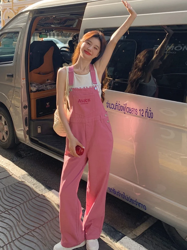 

Розовые, милые, крутые, широкие брюки, женские летние 2023, новый корейский комбинезон с высокой талией, длинный прямой комбинезон-труба для поездок на работу Sle