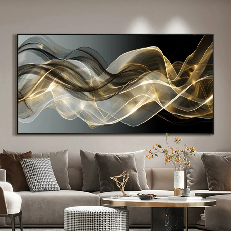 

Modern Abstract Canvas Art - Frameless Black and Golden Lines Wall Decor for Living Room, Bedroom, or Corridor
