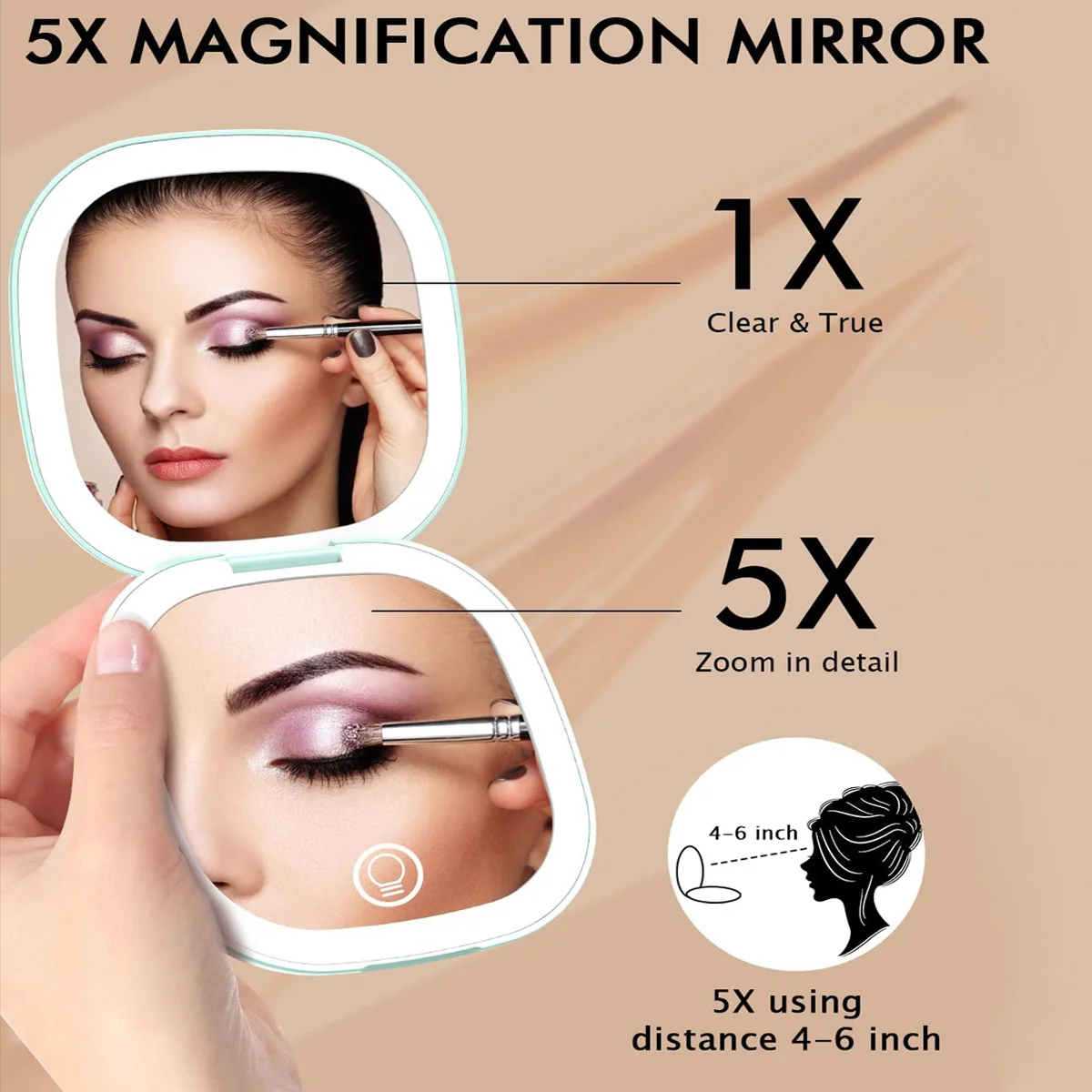 Compact Mirror Lighted Travel Makeup Mirror with 1X/5X Magnifying 2 Sided 3 Colors Dimmable Portable Pocket Mirror for Handbag