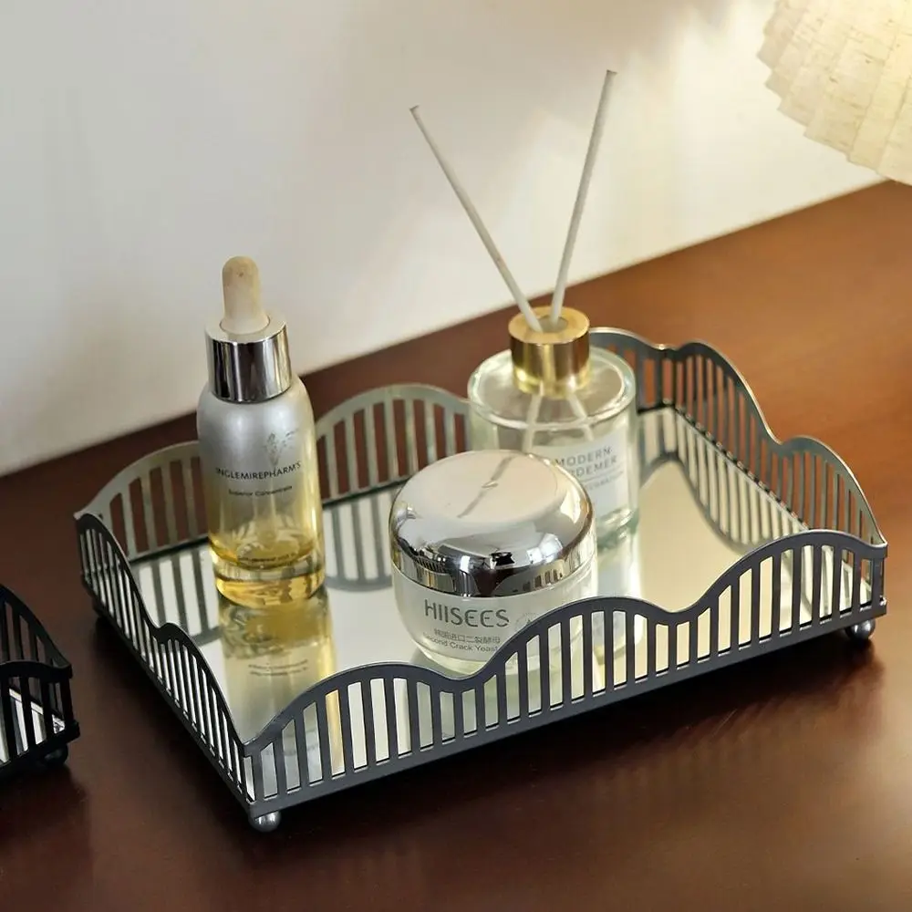 

Elegant Jewelry Display Plate Hollowed-out Exquisite Metal Storage Tray with Glass Mirror Rectangular Large Capacity