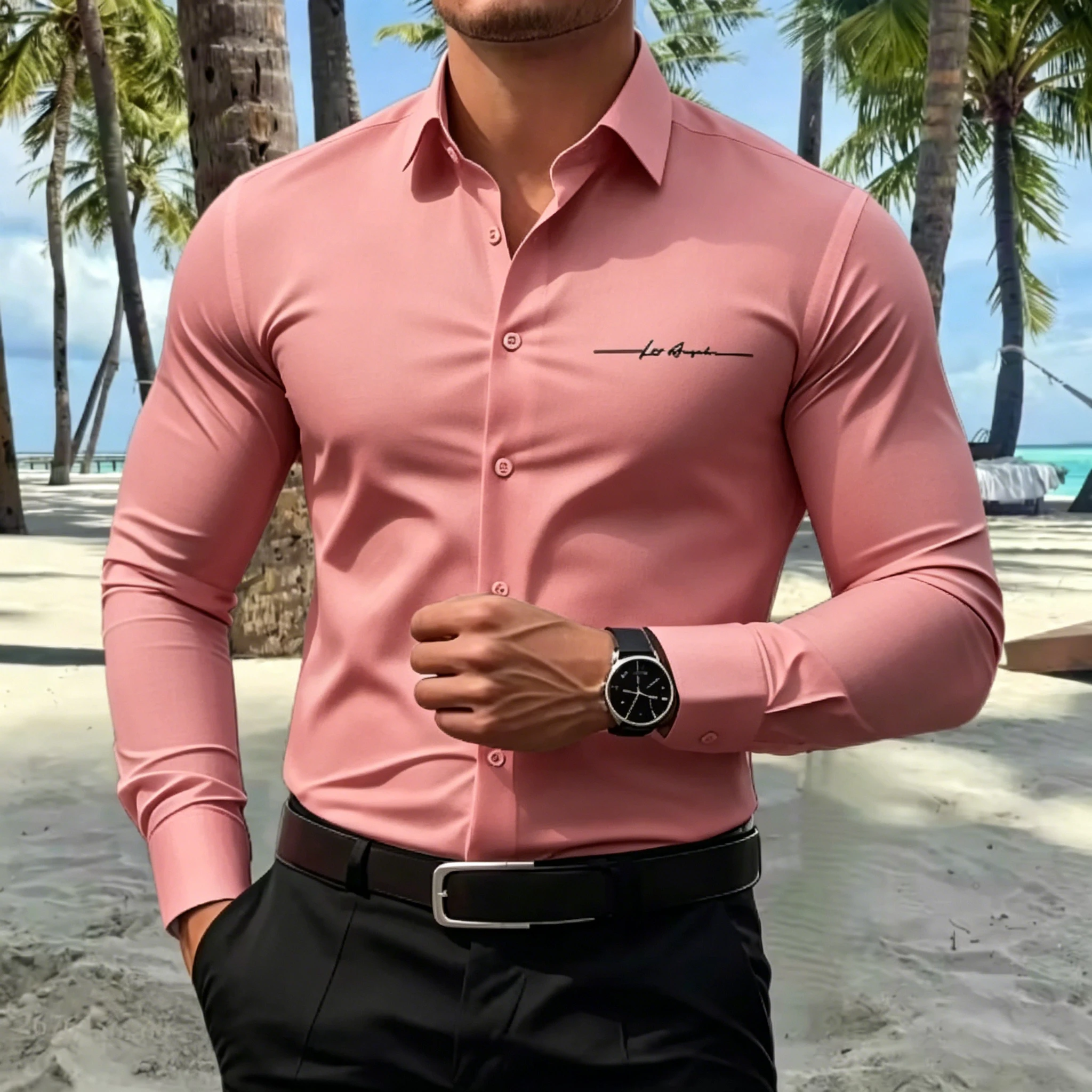 Men's Business Casual Shirt With Signature Print Long Sleeve Slim Fit Button Up Formal Office Blouse For Daily Wear