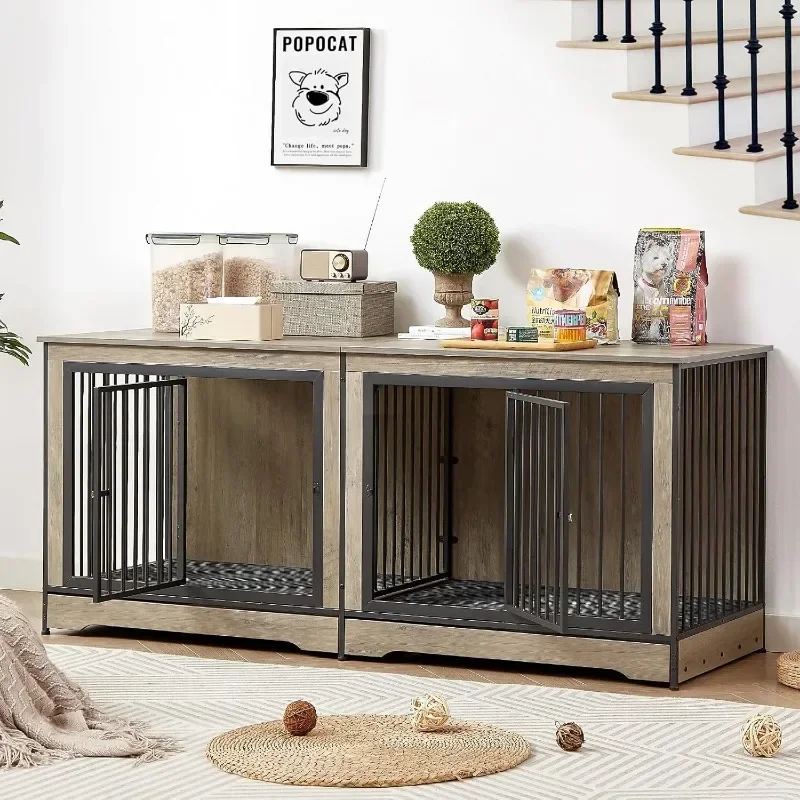 Heavy Duty Double Dog Cage Furniture Furniture Style Side Table, Indoor Dog House Wooden Cage