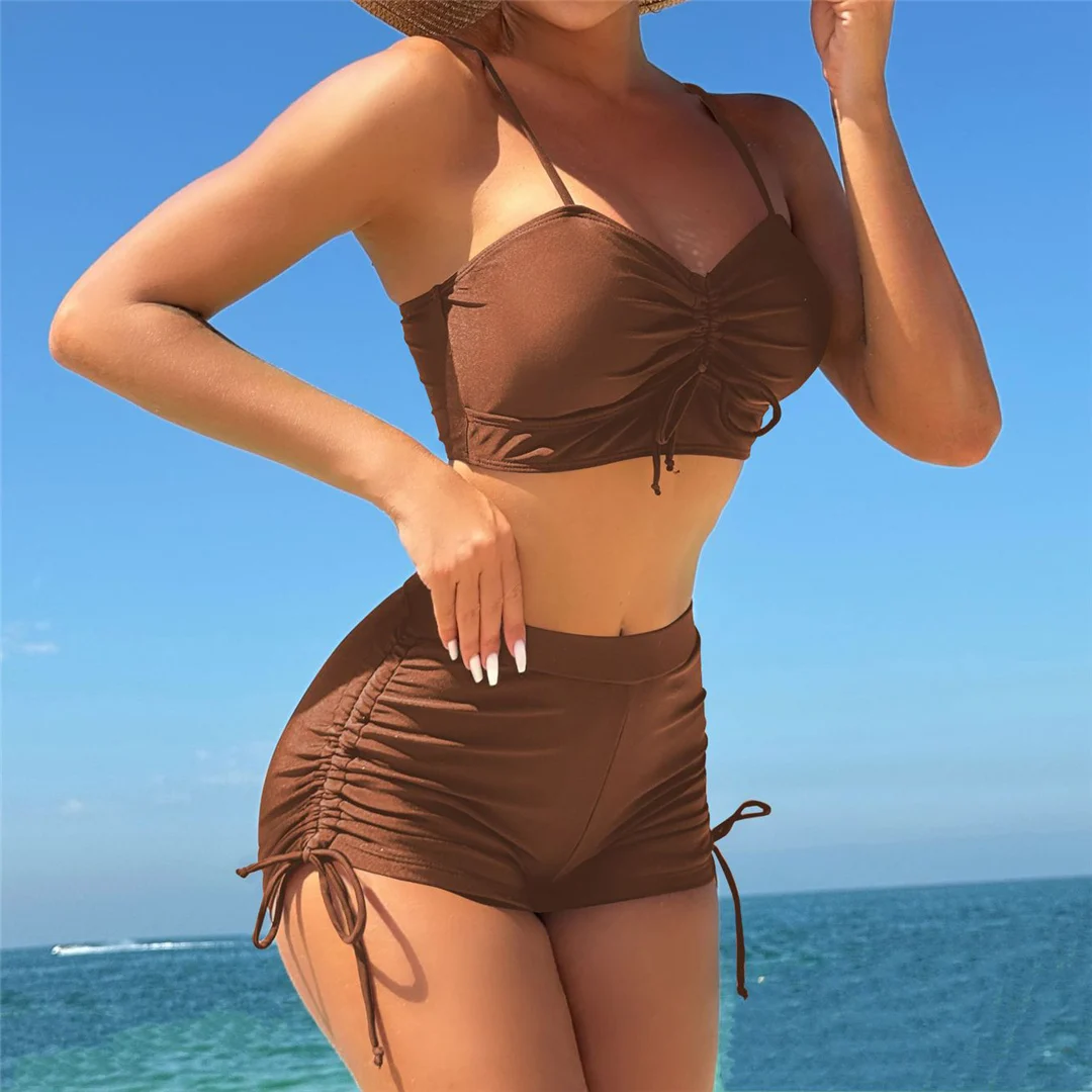 Geknitterte, geknotete Shorts, Bikini mit hoher Taille, Damen-Badeanzug, zweiteiliges Bikini-Set, Badebekleidung, Badeanzug, Schwimmanzug V6197 – Detail 10