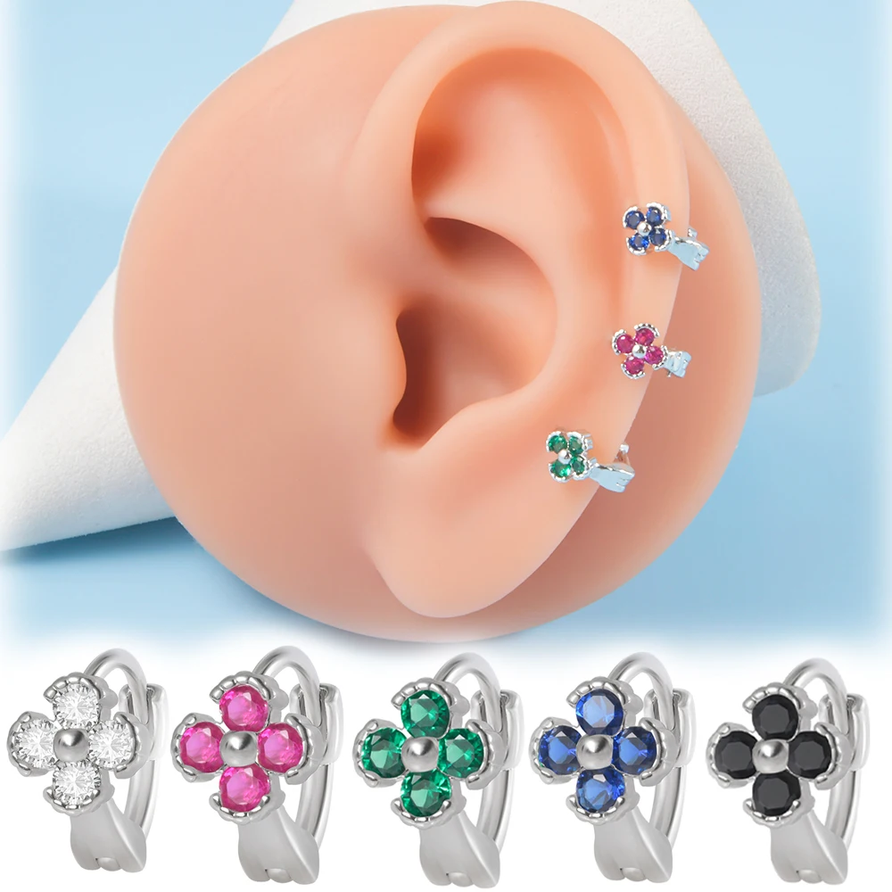 

2PCS Steel Flower Huggie Hoop Ear Tragus Cz Rook Forward Helix Cartilage Earring Cartilage Clicker Piercing Jewelry