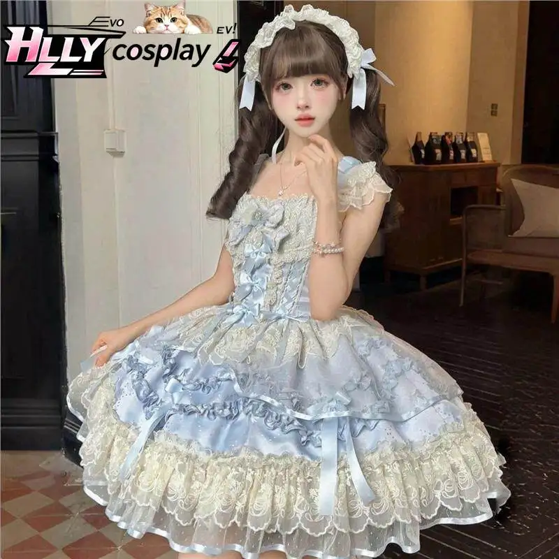 

New Sweet Lolita Balletcore JSK Full Set Dress Light Blue Layered Lace Ruffle Bow Fluffy Princess Suspender Dress for Girls