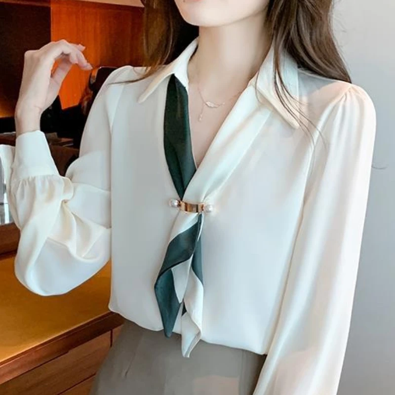 Bow Tie Collar Chiffon Shirt Spring Summer Fashion OL Style Blouse 2023 Korean Style Elegant Long Sleeve Clothing for Female