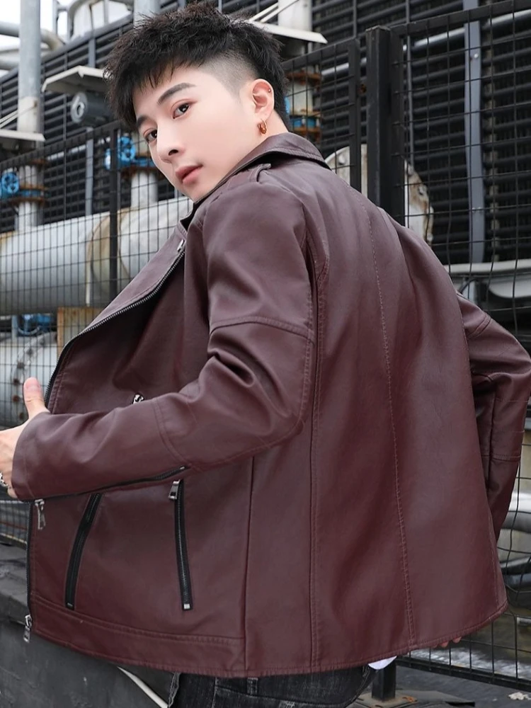 

Men's PU Leather Jacket Autumn Slim Fit Lapel Collar Korean Style Streetwear Coat​