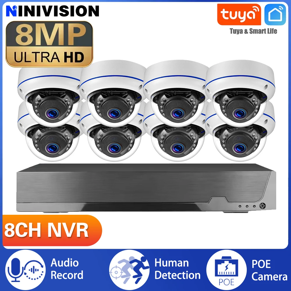 

NINIVISION 8MP 4K Security Camera System IK10 Vandal-Proof Outdoor POE Dome Human Detection Surveillance CCTV Cam Kit Tuya&Smart