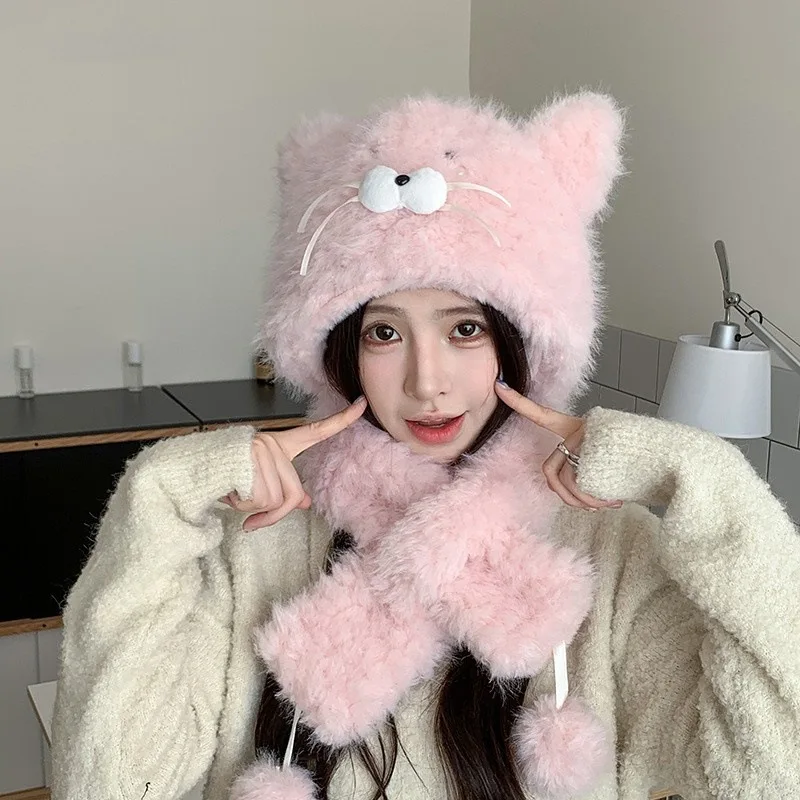 كارتون لطيف هريرة ميمي قبعة الأطفال الشتاء في الهواء الطلق أفخم سميكة هوديي أفخم وشاح دافئ قطعة واحدة قبعة فتاة هدية