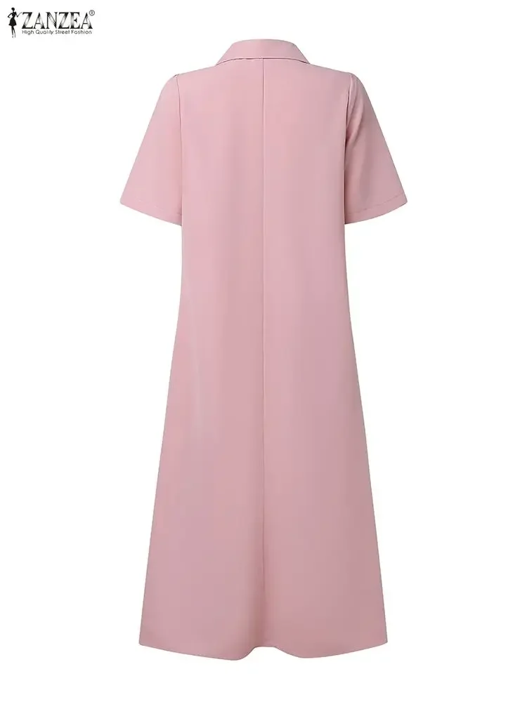 ZANZEA Moda Donna Abiti Midi Elegante Manica Corta Orlo Increspato A-Line Colletto Camicia Camicia Primavera 2026 Donna Vestiti S-3XL