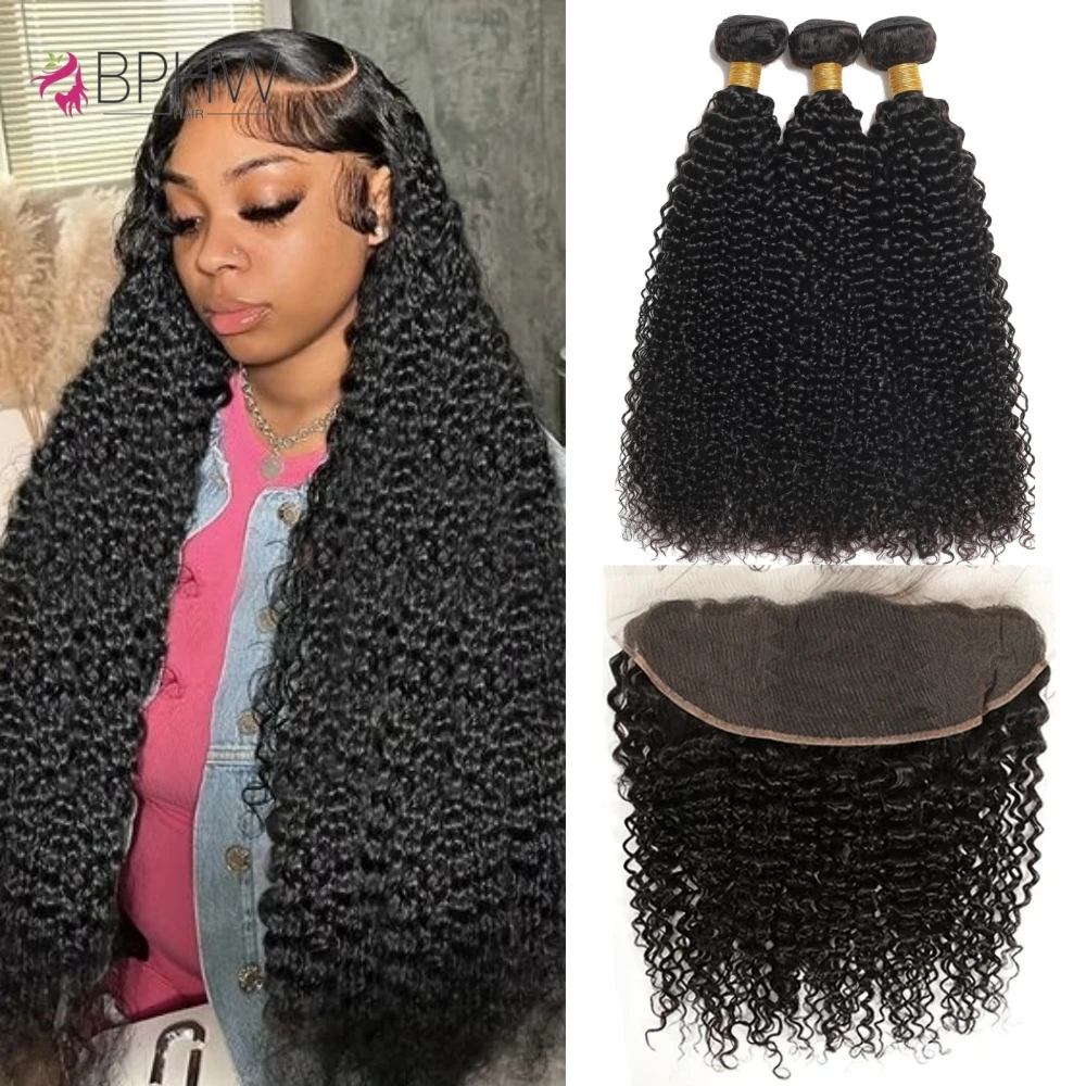 

Kinky Curly 12A Virgin Hair Peruvian 3 Bundles With Frontal Hair Extensions 100% Human Hair Weave For Black Women Natural Color