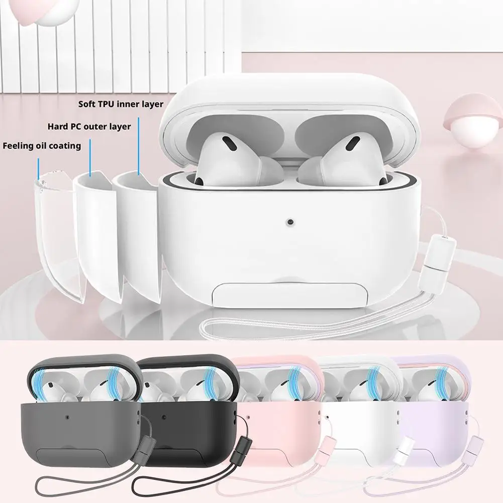 Capa protetora rígida para AirPods 4/Pro 2 Capa de proteção completa contra quedas com cordão compatível com Airpods Pro Case 2nd / 4th U7L2