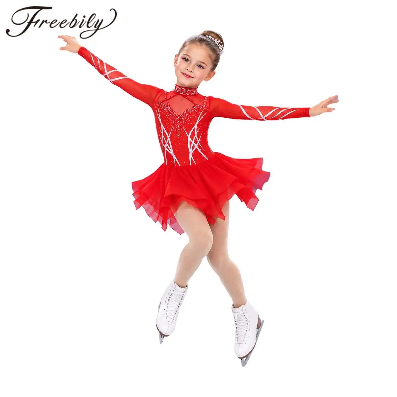 Kids Girls Asymmetrical Shiny Rhinestone Figure Skating Dress Rhythmic Gymnastics Leotard Ballet Dress Teens Ballerina Outfit
