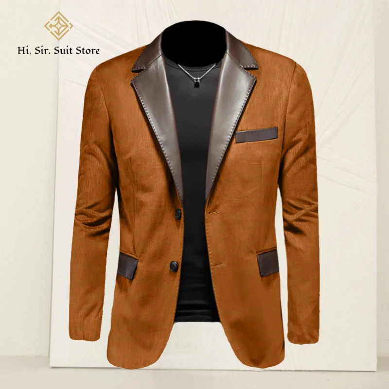 

Hot Mens Blazer Jacket Faux Leather Suit Jacket Casual 2 Buttons Suede Sport Blazer Patchwork Leather Collar Coat Business Party