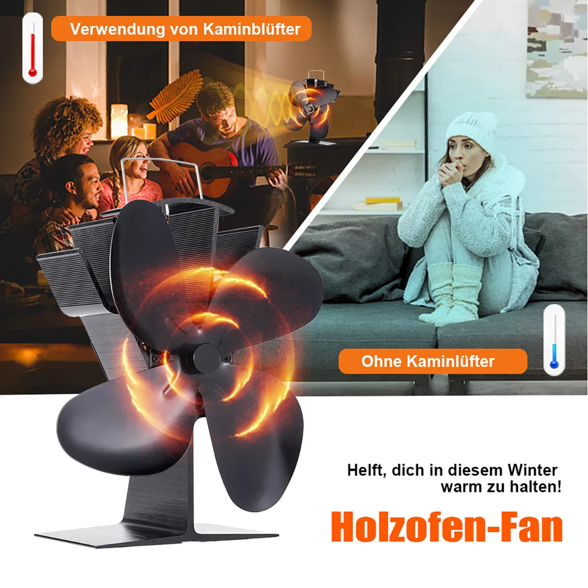 مروحة موقد الطاقة الحرارية ذات 4 أوراق، نموذج حرق الخشب البيئي، مروحة مدفأة صامتة، تسخين شتوي، تبديد كفاءة للحرارة