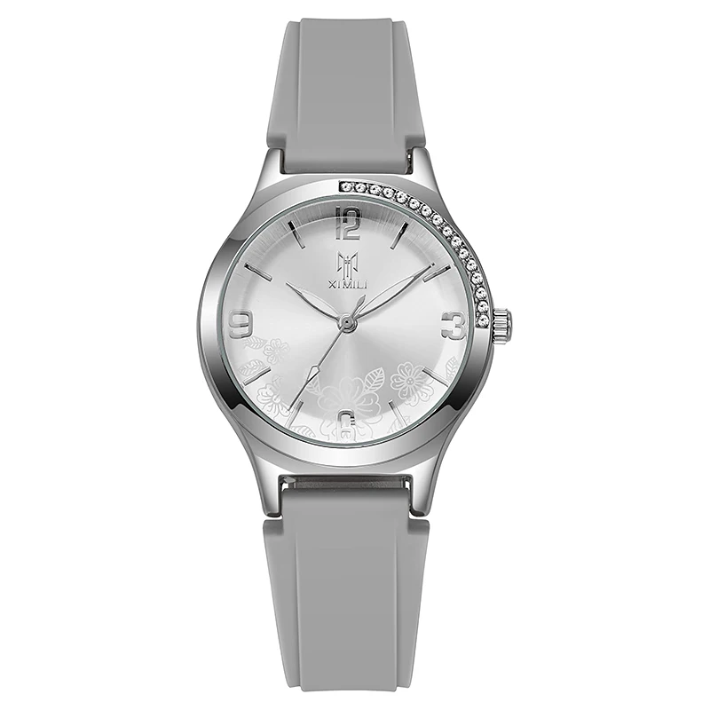 2024 Cross border Foreign Trade New Leisure Fresh Silicone Diamond Set Silver Shell Printed Women's Student Quartz Watch in Stoc