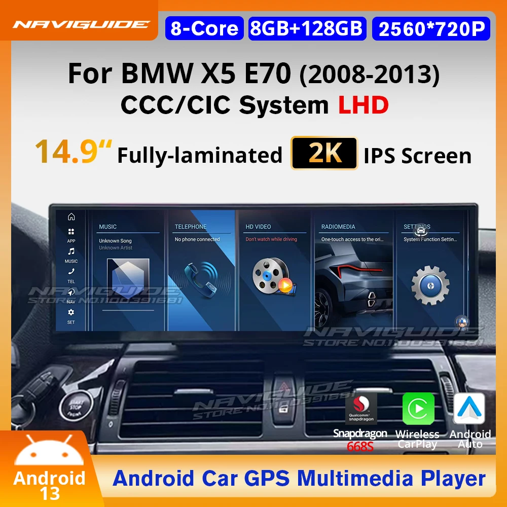 NAVIGUIDE 10.25'' 14.9'' Android 13 For BMW 7 Series F01 F02 LHD 2009-2015 CIC NBT Car GPS Multimedia Carplay Auto WIFI Headunit