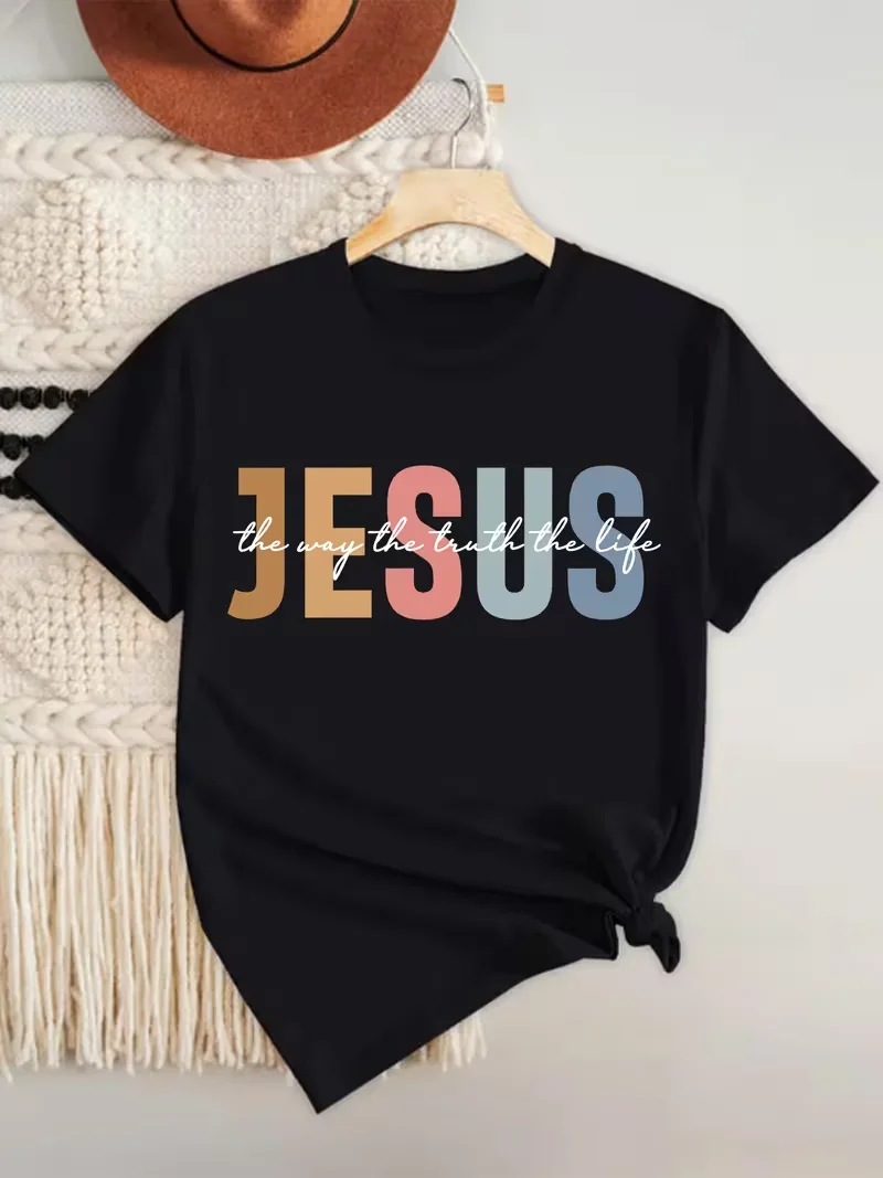 Jesus The Way Truth Life Print Women T-Shirt Casual Short Sleeve Tee All Season Comfort Ladies Top T Shirt Daily Wear Streetwear