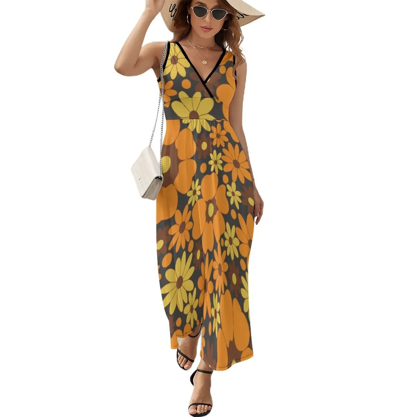 

70s Fall Floral Pattern (Dark Version) Sleeveless Dress dress women dresses Bridesmaid dress woman