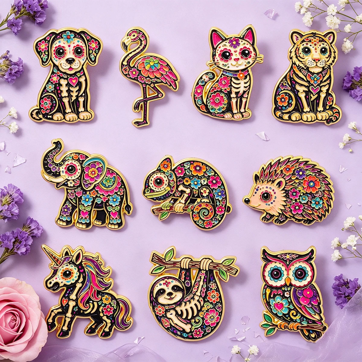 10 Stück/Set Day Of The Dead Skelett Emaille-Pin Blumen-Katzen-Tiger-Brosche Rucksäcke Tasche Kragen Revers Dekoration Schmuck Geschenk für Freunde – Detail 2